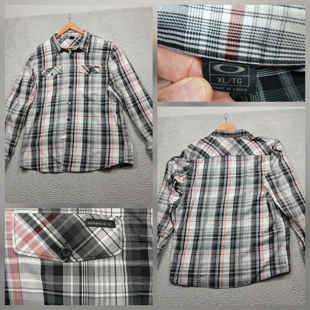 Oakley Plaid Button Up Shirt Men's XL Black Gray Red Long Sleeve Casual‎ Western